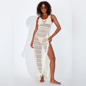 Beach Bound Babe Beige Crochet Tassel Maxi Swim Cover-Up
